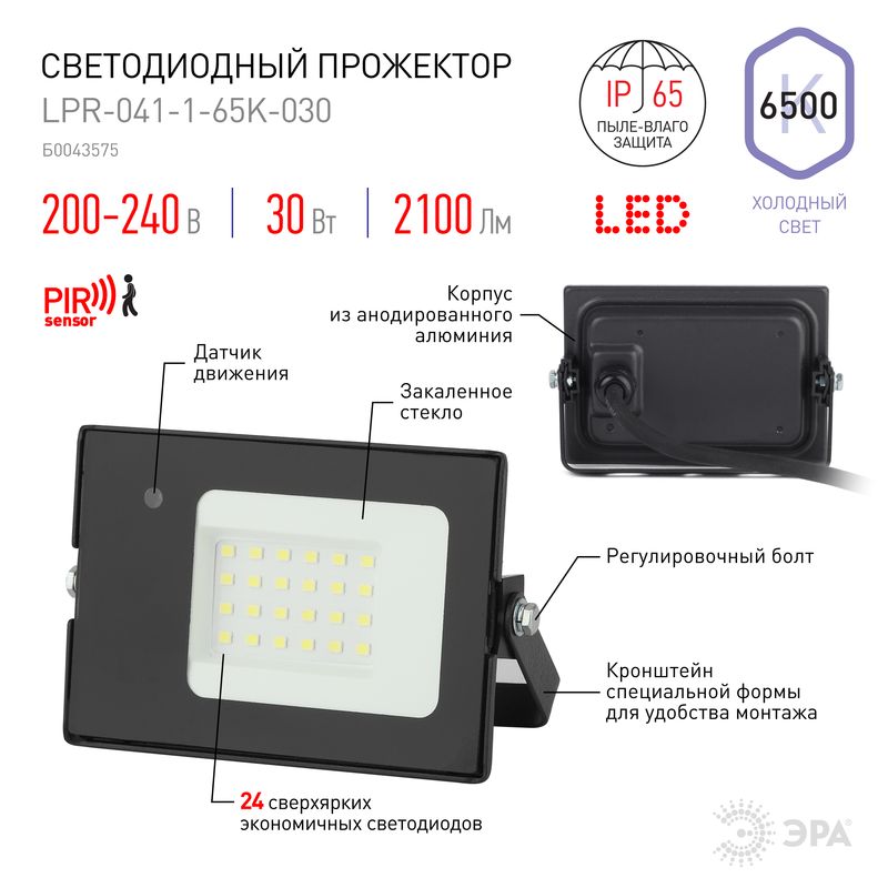 Прожектор светодиодный уличный 30Вт 6500К 2100Лм датчик движения нер. LPR-041-1-65K-030 ЭРА 2591  в Гусь-Хрустальном