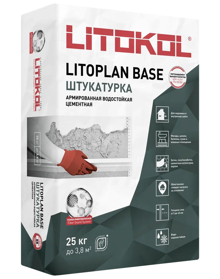 LITOPLAN BASE Штукатурка базовая цементная 25 кг/ 54   в Гусь-Хрустальном