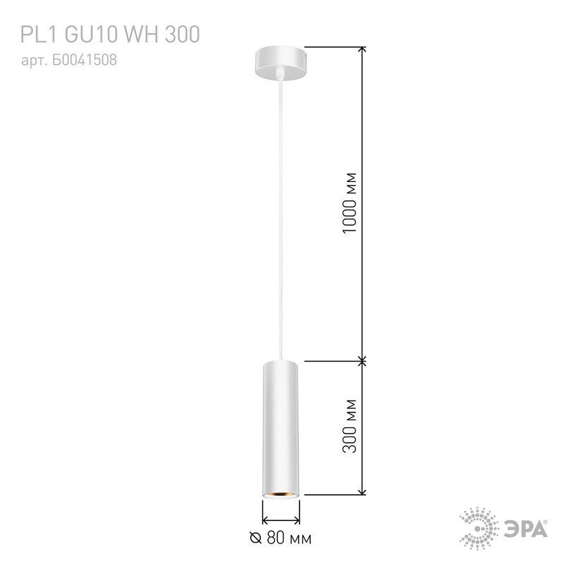 PL1 GU10 WH 300 Подсветка ЭРА подвесной, GU10, D80*300мм, белый (20/240) 6707  в Гусь-Хрустальном