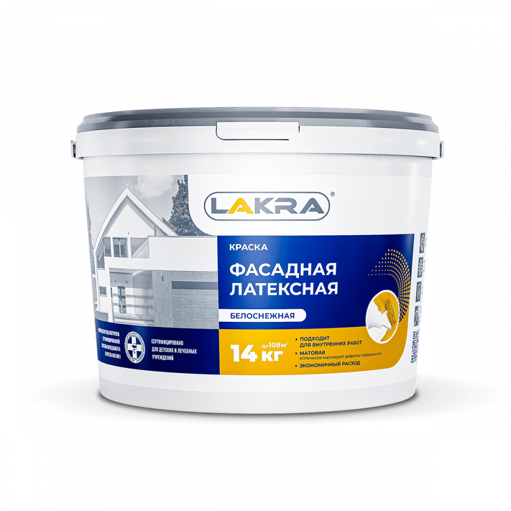 Краска фасадная латексная белоснежная  14кг ЛАКРА 1/11/44  в Гусь-Хрустальном