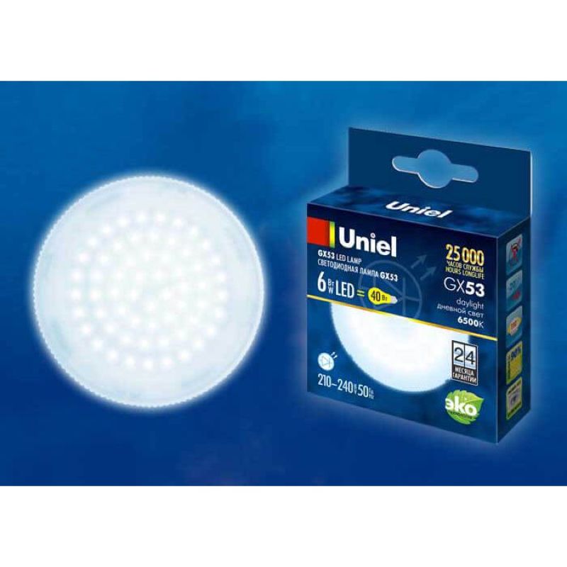UL-00005311 Лампа светодиод, мат. Днев. свет Картон.ТМ Uniel LED-GX53-6W/6500K/GX53/FR PLZ01WH 0018  в Гусь-Хрустальном