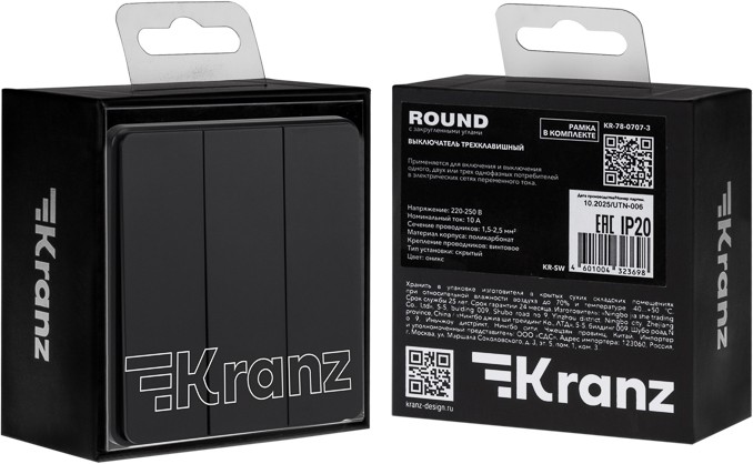 Выключатель ROUND 3 кл 10А с/у оникс KRANZ  в Гусь-Хрустальном