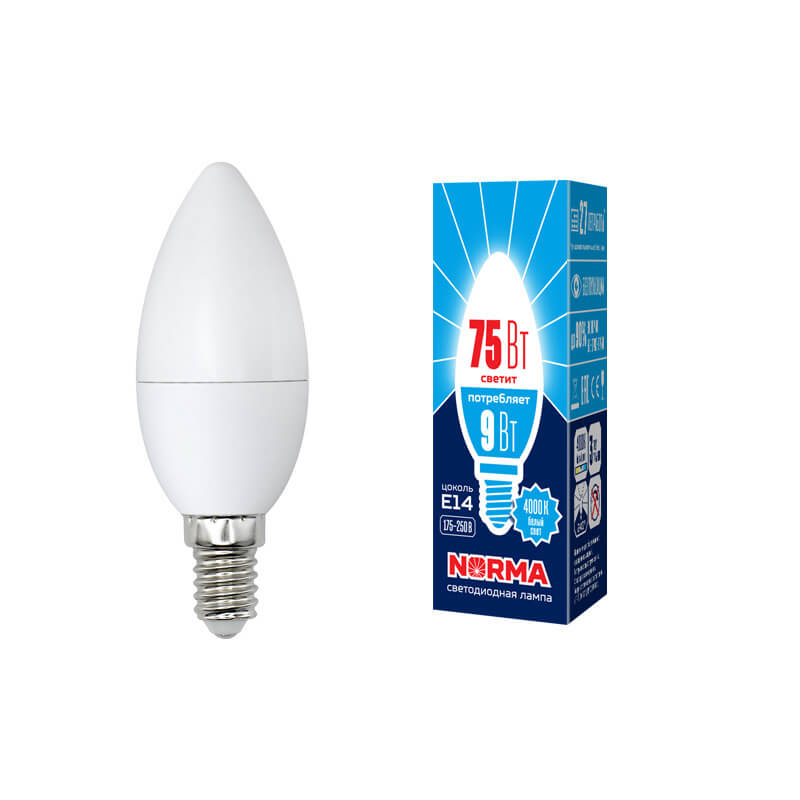 UL-00003803 Лампа светодиодная свеча матовая. Серия Norma 4000K LED-C37-9W/NW/E14/FR/NR 3868  в Гусь-Хрустальном