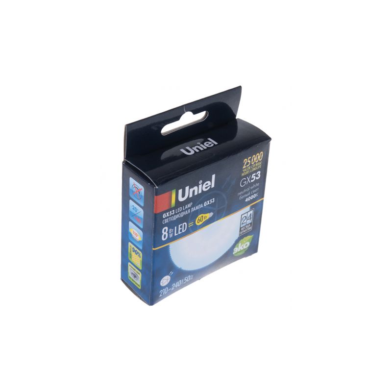 UL-00001671  Лампа светодиод, мат. Бел. свет. Картон. ТМ Uniel., LED-GX53-8W/NW/GX53/FR PLZ01WH 9179  в Гусь-Хрустальном