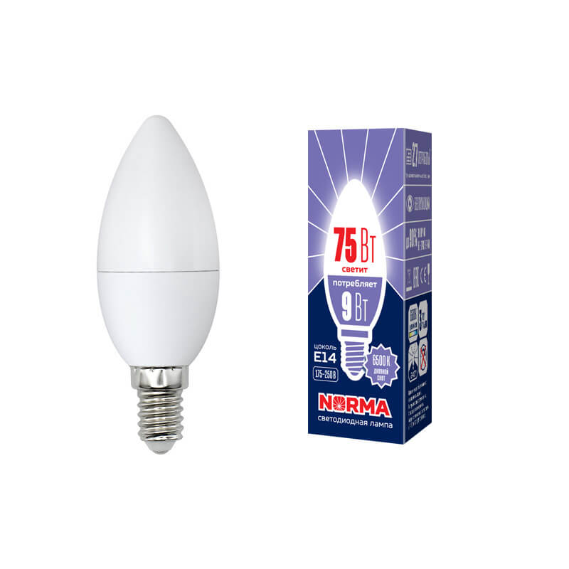 UL-00003802 Лампа светодиодная свеча матовая Серия Norma 6500K LED-C37-9W/DW/E14/FR/NR 3806  в Гусь-Хрустальном