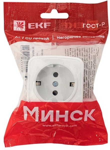 Минск Розетка 1-местная ОП 16А с заземлением белая EKF  в Гусь-Хрустальном