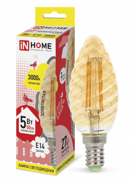 Лампа LED-СВЕЧА ВИТАЯ-deco 5Вт 230В E14 3000К 450Лм зол. IN HOME 4690612007199  в Гусь-Хрустальном